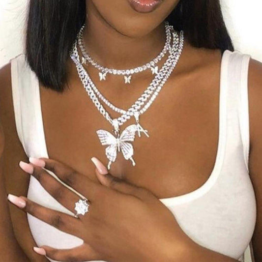 Iced Out Butterfly Necklace Chain for Women Wholesale New Crystal Rhinestone Pink Gold Cuban Link Choker Necklace Party