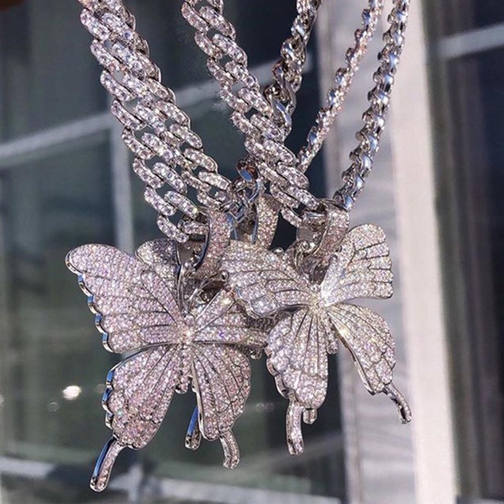Iced Out Butterfly Necklace Chain for Women Wholesale New Crystal Rhinestone Pink Gold Cuban Link Choker Necklace Party