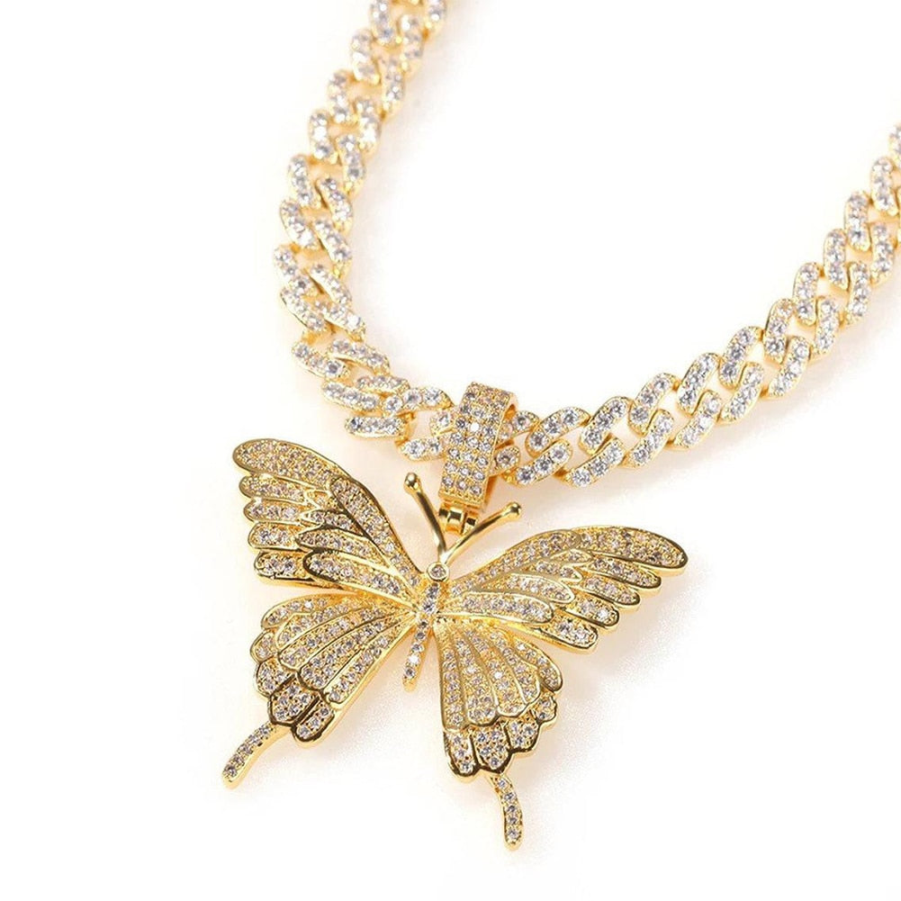 Iced Out Butterfly Necklace Chain for Women Wholesale New Crystal Rhinestone Pink Gold Cuban Link Choker Necklace Party